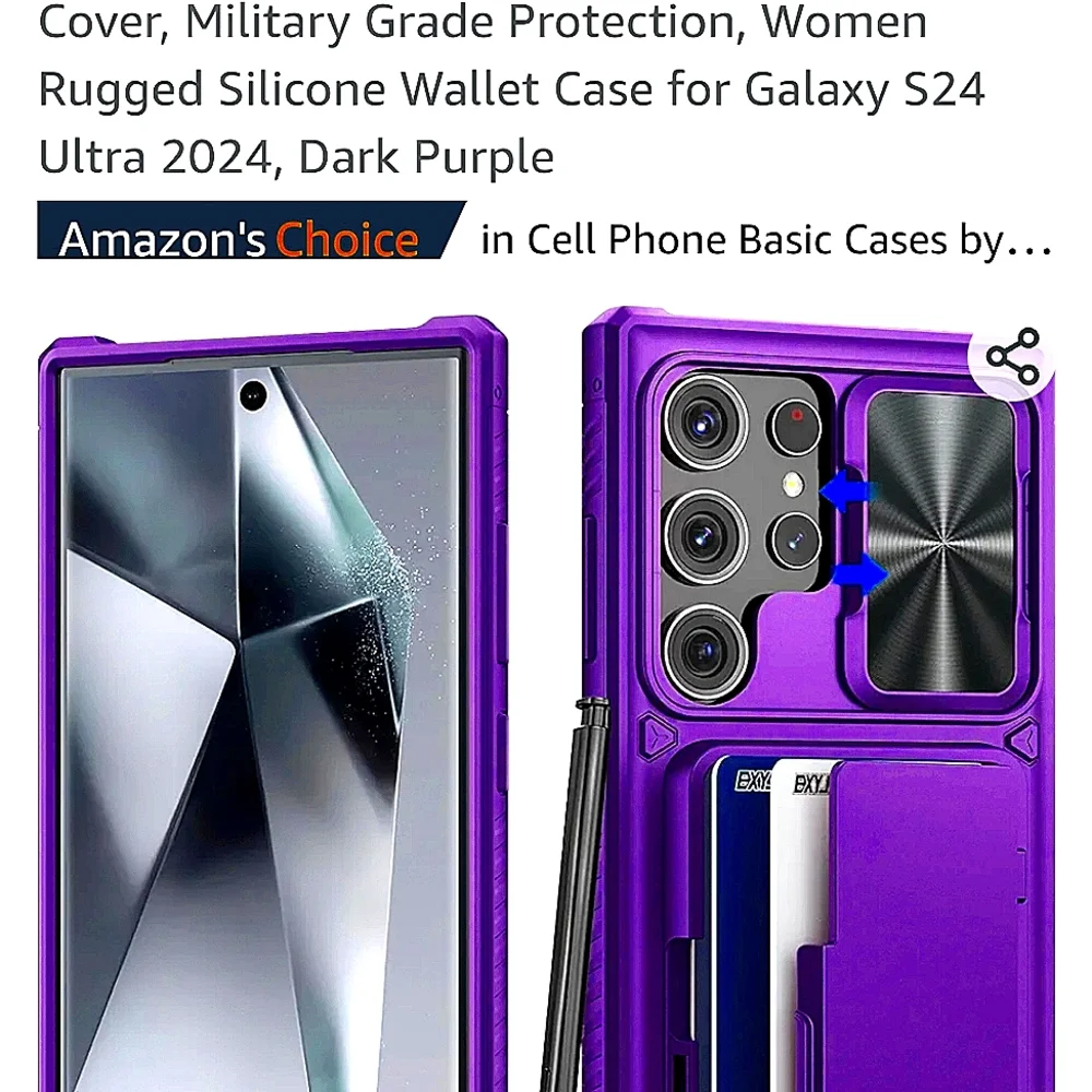 Samsung S24 Ultra phone case with card holder, kickstand, lens cover